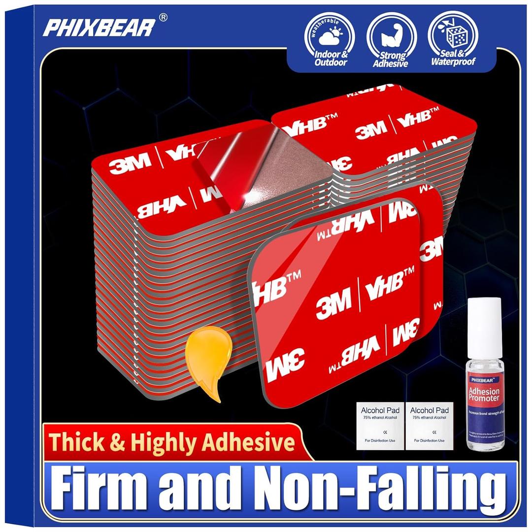 Double Sided Sticky Pads Made of 3M VHB, Heavy Duty Adhesive Squares Waterproof Heat Resistant, Strong Hold Mounting Tape for Crafts Photos Car Home Decor Outdoor Use, 48 Pcs 1.18x1.38 Inch