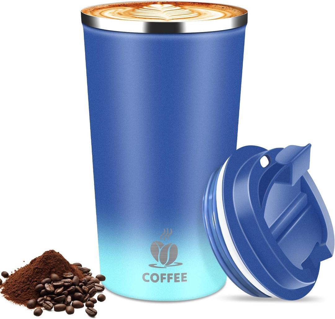 Hwawhin 17oz Insulated Travel Coffee Mug with Flip Lid  Leakproof Stainless Steel Insulated Coffee Tumblers, Reusable Coffee Cup for Hot & Cold Drinks, Perfect for Camping & On-the-Go (Light Dark Blue)