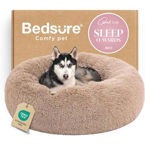 Bedsure Calming Dog Beds Large Sized Dog - Donut Washable Large Pet Bed, 36 inches Anti-Slip Round Fluffy Plush Faux Fur Dogs Bed, Fits up to 80 lbs Pets, Camel