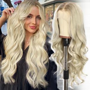 SAPPHIREWIGS Blonde Synthetic Lace front Wigs 13x4 Long Wavy Wig for Women Body Wavy Wigs Ombre Blonde Natural Looking Heat Resistant Fiber Hair for Daily Party Use 26 Inch
