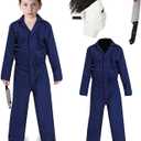 Halloween Killer Costume Kids Blue Coveralls Jumpsuit Scary Mask Knife Outfit Horror Cosplay Suit for Boys Girls (Medium)