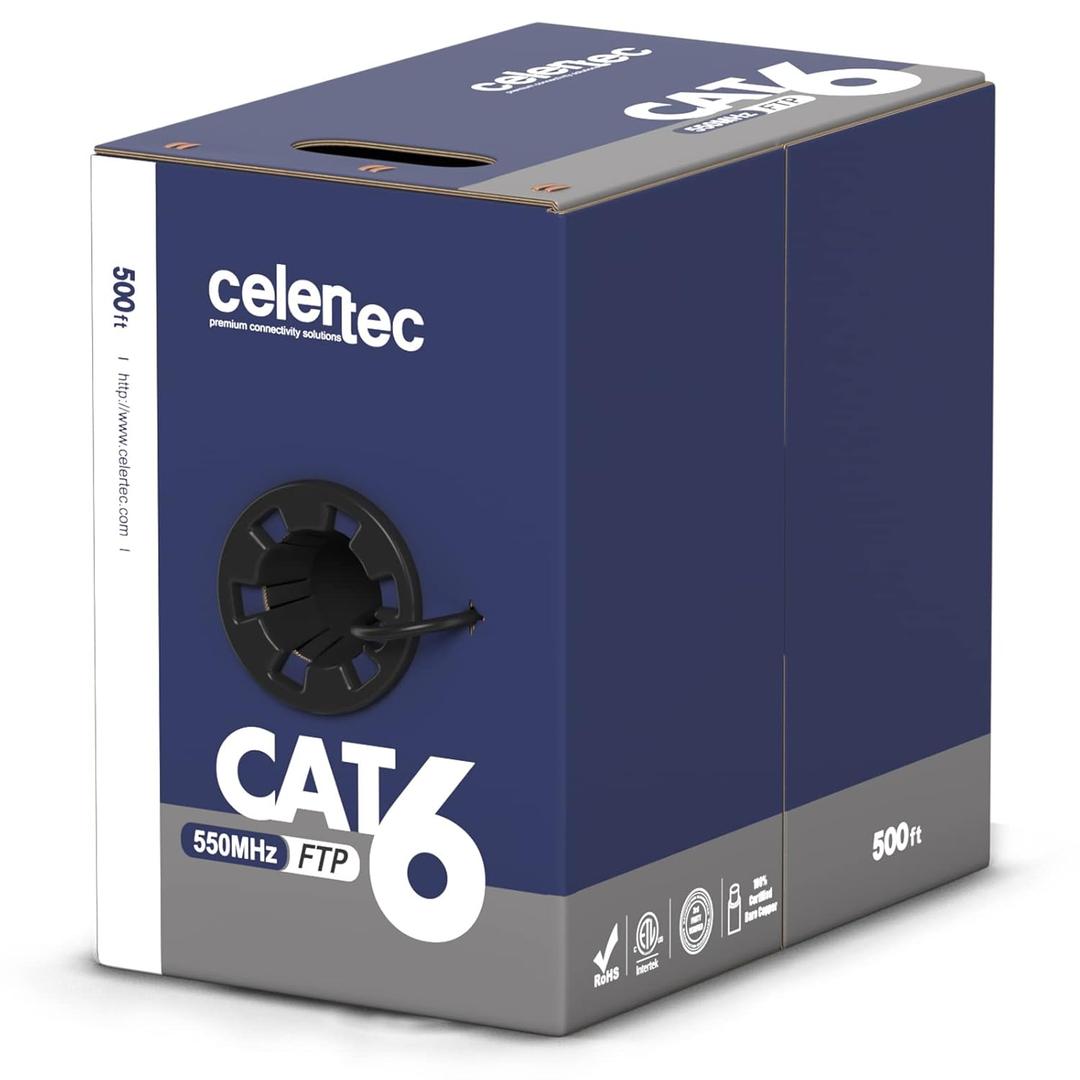 CAT6 Shielded Cable, 500ft, FTP (Overall Foil Shield), 23AWG Solid Bare Copper, 550MHz, ETL Listed &CMR Riser Rated, Indoor, Bulk Ethernet Cable, Black