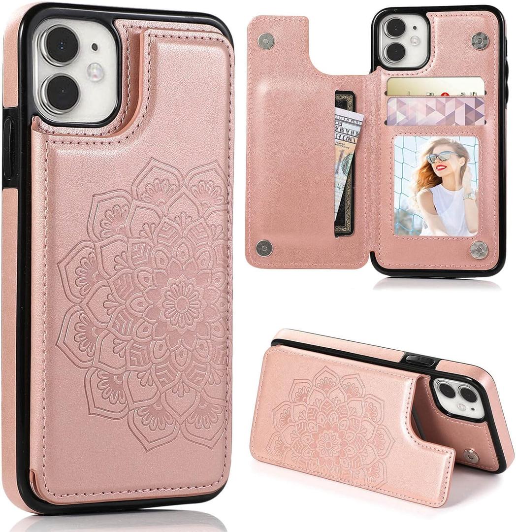 for iPhone 12 Pro/iPhone 12 Wallet Case with Card Holder,Women Mandala Emboss PU Leather with Kickstand Magnetic Clasp Slim Flip Shockproof Cover 6.1 Inch (Rose Gold)