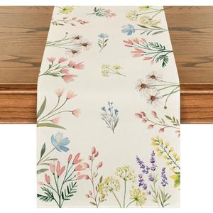 Artoid Mode Flowers Summer Table Runner, Seasonal Spring Fall Kitchen Dining Table Decoration for Home Party 13x48 Inch (Beige)