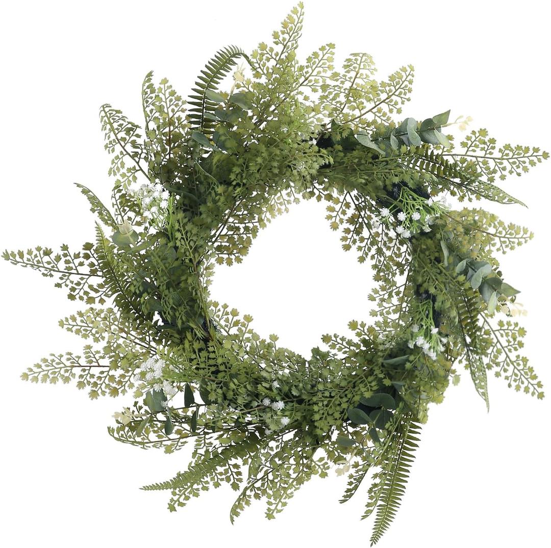24''Fern Wreath for Front Door - Artificial Greenery All Seasons Wreath Fake Hanging Ferns Plants for Wedding Centerpieces Table Front Door Decoration, with LED Warm Lights