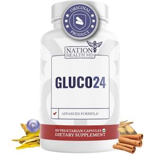 Gluco24 Blood Sugar Support Supplement - Advanced Glucose Complex Supplements with Berberine, Ceylon Cinnamon & Bitter Melon, Vegan, Non GMO - 60 Capsules
