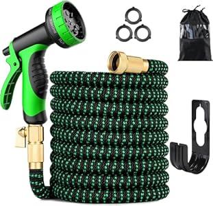 100 ft Expandable Garden Hose  Kink Free Flexible Water Hose 100ft with 10 Pattern Spray Nozzle, 3/4 Solid Brass Connectors, Retractable Latex Core  Lightweight Expanding Hose