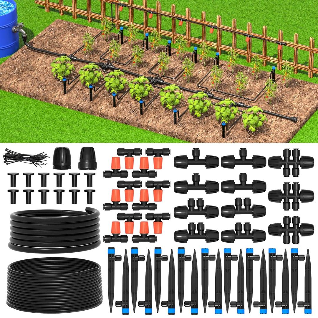 MIXC Greenhouse Micro Drip Irrigation Kit Automatic Irrigation System Patio Misting Plant Watering System with 1/4 inch 1/2 inch Irrigation Tubing Hose Adjustable Nozzle Emitters Barbed Fittings ((Upgraded) 26FT Main Tube+75FT 1/4'' Tube)