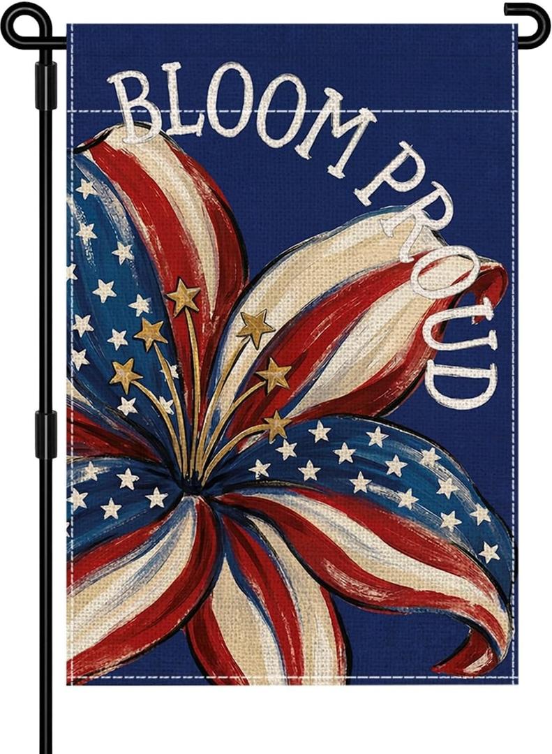 2 x 4th of July Garden Flag, 12x18 Inch Floral Patriotic American Flag for Outside, 250th Anniversary Weather Resistant Garden Flags, Red White Blue Bloom Proud Floral Design, Double Sided Fourth of July Decorations for Yard Lawn Patio Independence Day Outdoor Decor