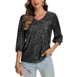 LADI TREND Women's Sparkle Sequin Party Top Glitter V-Neck Tee Concert Blouse Casual 3/4 Sleeve Shirt, Black Silver, Size L
