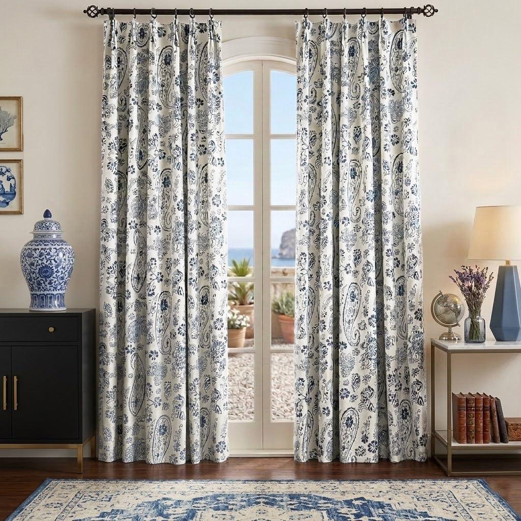 Navy Blue Blackout Curtains 84 Inch Length,Chinoiserie Porcelain Decor Dark Indigo and White Floral Pattern Coastal Farmhouse Nautical Curtains for Bedroom Living Room 2 Panels Set