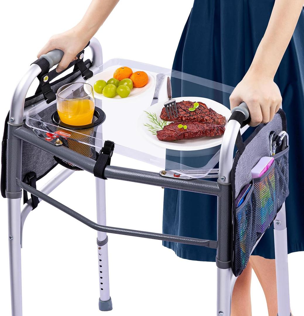 BAGSFY Clear View Walker Tray with Cup Holder & Side Pockets, Transparent Folding Walker Table for Seniors, 8.8lbs Load-Bearing Sturdy PP Tray, Universal Fit Walker Accessory for Elderly