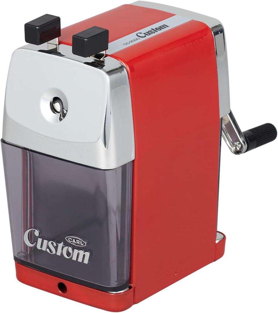 CARL CC-2000 (RED) Heavy Duty Pencil Sharpener  All-Metal Manual Crank for Classroom, Home, and Art  Precision Sharp Points, Jam-Resistant, Stable Clamp, Mess-Free Shavings Tray.