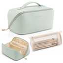 Vlando Makeup Bag,Travel Makeup Bag Waterproof Portable Cosmetic Bag PU Leather Open Flat Make up Organizer for Toiletries,Gifts for Teen Girls Women(Mint Green)