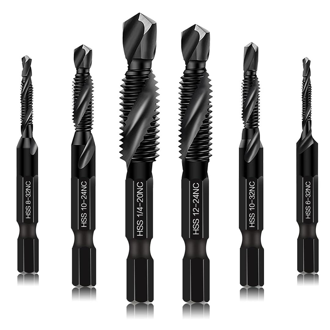 6 Packs Combination Drill & Taps Bit Set, Screw Tapping in SAE Size 6-32nc 8-32nc 10-32nc 10-24nc 12-24nc 1/4-20nc with Anti-Rust Black Coating, 1/4 Hex Shank and Storage Case