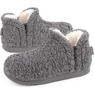 FamilyFairy Bootie Slippers for Women Warm House Shoes Memory Foam Indoor Outdoor Fuzzy Boots with Rubber Sole (5-6, Grey)