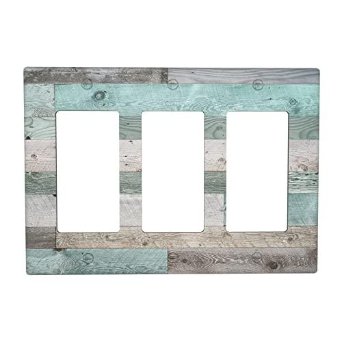 Farmhouse Decorative Triple Decorator Light Switch or Outlet Wall Plate Cover Retro Wood Rustic 3 Gang Wall Plate Vintage Wooden GFCI Receptacle Rocker Plate Covers for Kitchen Bathroom