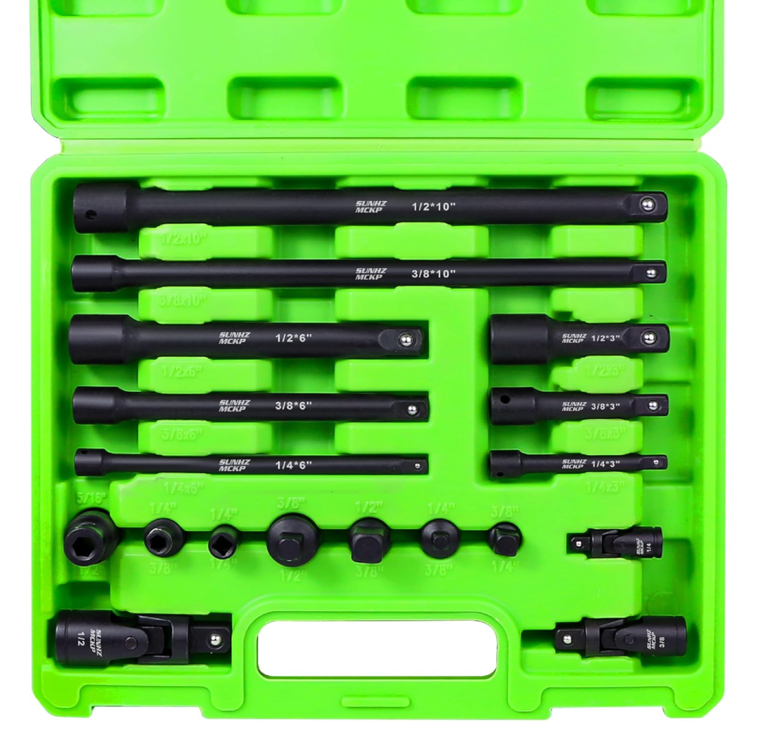 18-Piece Impact Socket Extension Set - 1/4" 3/8" 1/2" Drive Socket Extension Bars, Includes Ratchet Extension Set, Socket Adapter Set, Swivel Universal Joints & Impact Coupler, CR-V Steel
