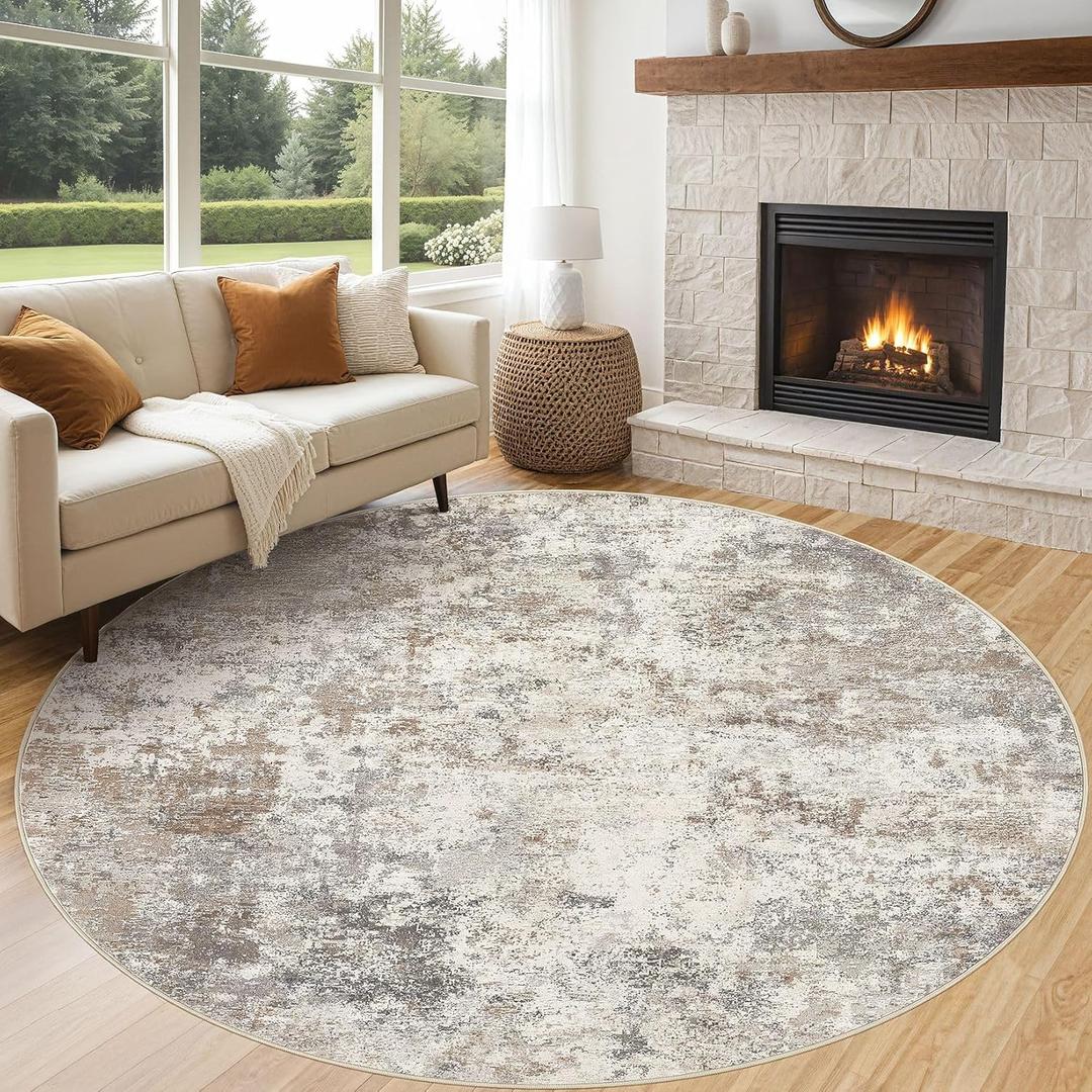 8ft Round Area Rug Living Room Rugs - 8x8 Washable Neutral Modern Abstract Soft Thin Rug Indoor Floor No Slip Rug Carpet for Bedroom Under Dining Table Home Office Decor - Brown Grey