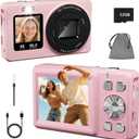 Digital Camera, 4K 48MP Autofocus Dual Screen for Selfies, 18X Zoom Fill Light, Portable Point and Shoot Travel Camera with 32GB SD Card for Kids, Teens, Girls, Boys- Pink