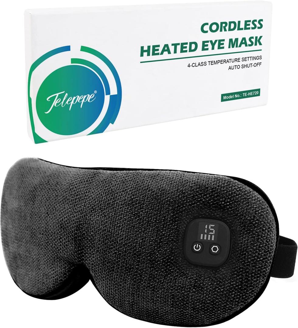 Heated Eye Mask for Dry Eyes, Cordless Warm Eye Compress, 4 Heat Levels, 4-Level Timing, 1000mAh Rechargeable, Blepharitis, Styes, Washable Cover, Travel, Gifts for Family(Black)