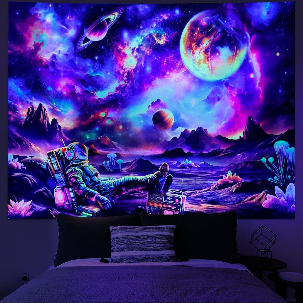 Ameyahud Blacklight Astronaut Tapestry UV Reactive Galaxy Space Tapestry Glow in The Dark Trippy Universe Planet Tapestries Neon Starry Sky Wall Hanging Decor for Home (78.7"L x 59.1"W)