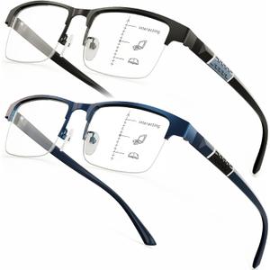 DEHOTRE 2 Pack Progressive Multifocus Reading Glasses Men Semi Rimless Stainless Steel Frame TR90 Temple No Line Blue Light Blocking Computer Readers Workspace for Near Range Black & Blue 2.75