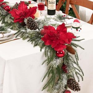 Christmas Garland Decorations, 5.9 FT Real Touch Pine Garland with Red Poinsettias, Flocked Christmas Garland with Red Berries Balls Pinecones for Mantle Front Door Fireplace Table Decor