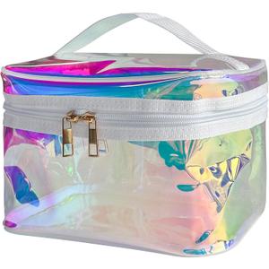 Waterproof Holographic Blue PVC Makeup Bag with Handle - 8.66 * 5.51 * 5.51 inch Travel Cosmetic Organizer for Women Men Toiletry Pouch (Holographic Blue - L)