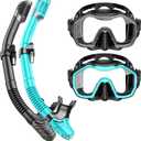 Snorkeling Gear for Adults Kids, Dry-Top Snorkel Set, 180Panoramic Wide View Diving Mask Breathing Freely Snorkel Mask for Snorkeling Scuba Diving Swimming Travel (A1-Black + BlackGreen)