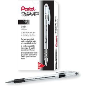 Pentel RSVP Ballpoint Pen, Fine Line, (0.7mm), Black Ink (BK90-A) (Pack of 1, 12 Count Total)
