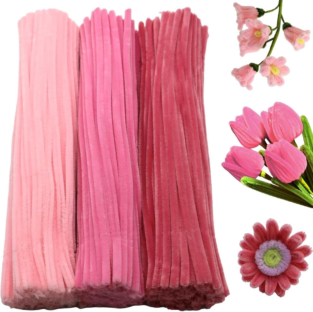 300 Pieces Shades of Pink Pipe Cleaner Craft Set 3 Assorted Colors,Thick Fuzzy Chenille Stem Pipe Cleaners for DIY Craft Flower Projects Holiday Decorations