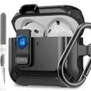 for Airpods 4 Case with Lock Clid, Rugged Apple Airpods 4th Generation Cover 2024 Men Women, Armor Shockproof iPod 4 Gen Protective Hard Shell with Carabiner&Cleaner kit, Black