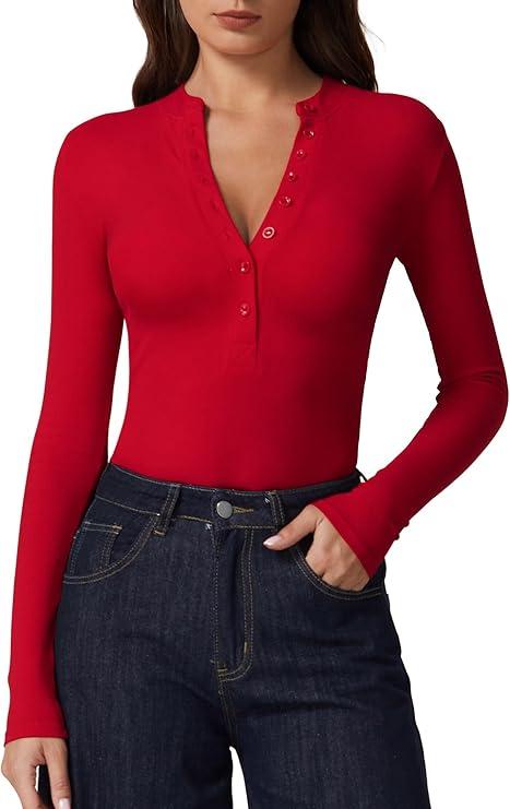 QINSEN Womens Long Sleeve Shirts 2025 Trendy Casual Henley Tops Slim Fitted Basic T-Shirts Fashion Outfits, Red, L
