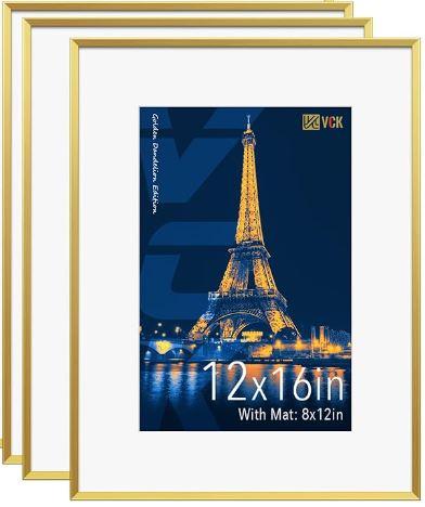 VCK 12x16 Picture Frame Gold 3 Pack, High-End Aluminum Metal Poster Frame with Tempered Glass, Display Photo 8.5x11 with Mat or 12 x 16 Without, for Home, Office, Studio and Gallery, Wall Hanging
