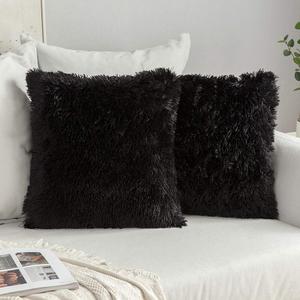 MIULEE Pack of 2 Luxury Faux Fur Fluffy Throw Pillow Covers Set Soft Deluxe Winter Decorative Plush Fleece Pillowcases for Cushion Couch Sofa Bedroom Home 20 x 20 Inch Black