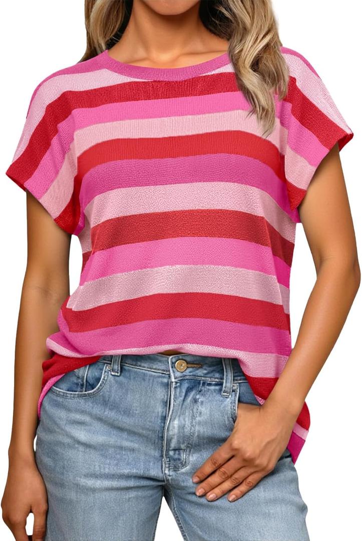 Saodimallsu Womens Striped Short Sleeve Tops Summer Casual Color Block Crew Neck Lightweight Loose Knit Shirts (Small, Red)