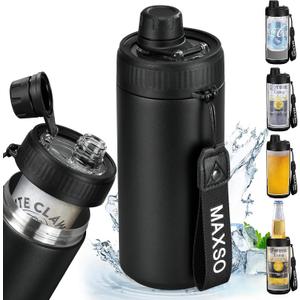 MAXSO Sealed Can Cooler Fizz Lid Can Cover for 12 oz Regular, Slim Skinny Cans & As Thermal Bottle, 4-in-1 Insulated Vacuum Stainless Steel Carbonated Cold Drink Holder - Black