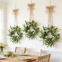 8 Pcs Green Artificial Eucalyptus Candle Rings Wreaths Mini Green Kitchen Cabinet Wreath Table Centerpieces Spring Summer with White Berry for Pillars Farmhouse Porch Front Door Wedding Decor