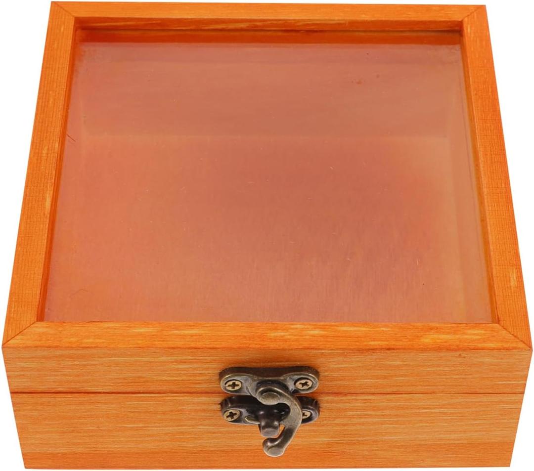 Cabilock Solid Wood Box with Glass Lid 4.72X4.72X1.96 Inches Wooden Display Case for Jewelry Keepsakes and Home Decoration (12X12X5CM)