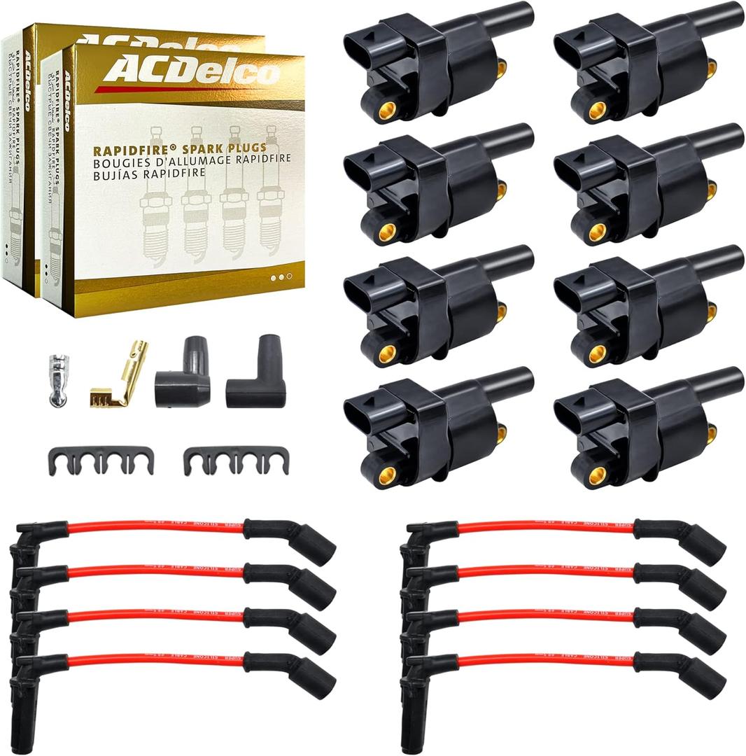 MAS Set of 8 Ignition Coils Pack & Platinum Spark Plugs & Wires Set Compatible with Chevy Cadillac GMC Suburban Express Silverado Sierra Camaro Avalanche Replacement for UF414 12573190.
