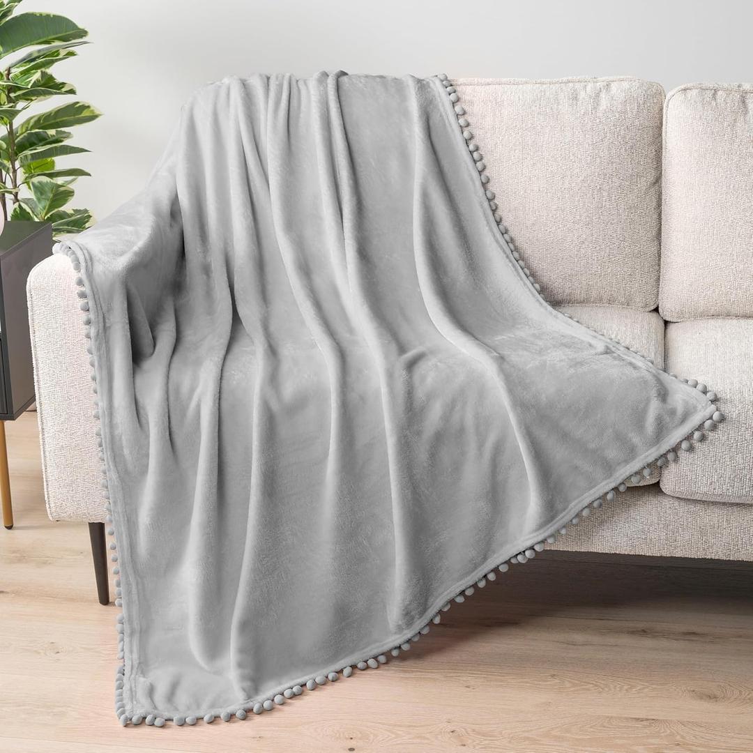 PAVILIA Fleece Throw Blanket for Couch with Pom Pom Fringe, Light Grey, Soft Cozy Fuzzy Flannel Blanket for Sofa Bed, Lightweight Plush All Season Throw, 50x60 Inches