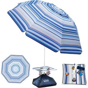 OutdoorMaster Beach Umbrellas with Sandbag & Anchor with 4 Cup Holder, 6.5ft Adjustable Umbrella for Beach Heavy Duty Wind, Portable UPF50+ Sunshade with Carry Bag for Patio,Blue White with Cup Holder