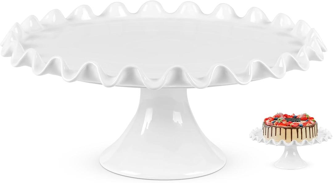 10 Inch Porcelain Cake Stand, Round White Cake Stand, Dessert Stand Cupcake Stand Display Dessert Stand for Parties, Wedding, Birthday, Baby Shower, Ruffle Trim