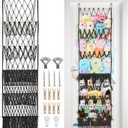 iHansee 5 Tier Stuffed Animal Storage Shelf Net, 17x61 Inch Large Plushie Net w/LED Light & Clips for Mini Medium Stuffy Teddy, Black Boho Macrame Wall Toy Holder Display for Nursery Kids Girls Boys