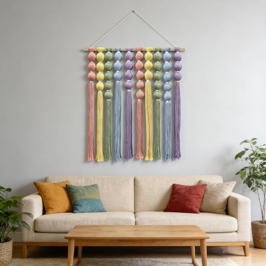 KaloKalo Macrame Wall Hanging Extra Large Handmade Tapestry Boho Decor Natural Cotton Rope Ball Textile Fiber Yarn Candy Wall Art for Livingroom Bedroom Wedding Party 35.4" L by 33.8" H - Macaron