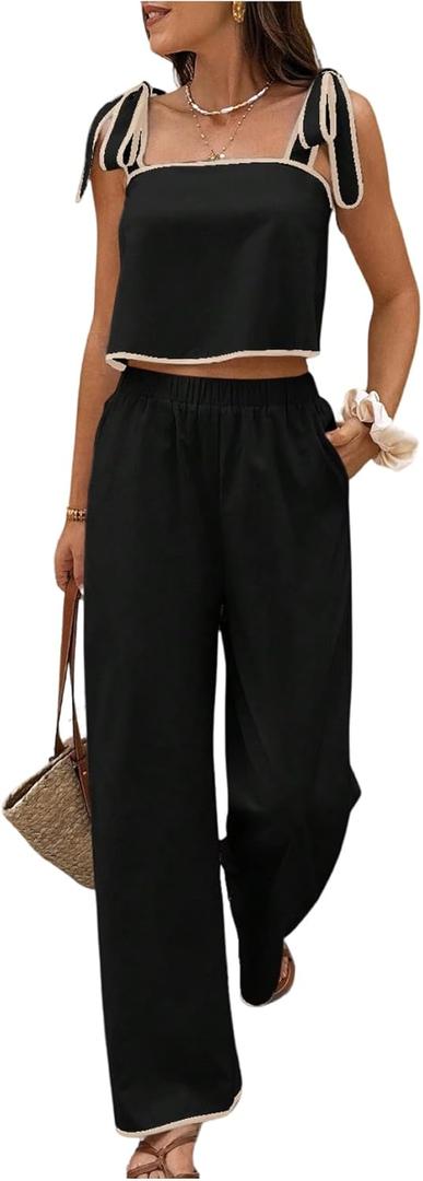 SOLY HUX Women's Summer Vacation 2 Piece Set Tie Shoulder Crop Top and Pants Travel Outfits (Black, S)