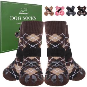 EXPAWLORER Dog Socks to Prevent Licking Paws, 4 Pcs Double Sided Anti Slip Dog Socks with Grippers for Hardwood Floors, Dog Shoes Booties for Large Senior Dogs, British Style, Brown L