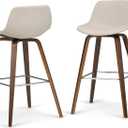 SIMPLIHOME Randolph Counter Stools (Set of 2) - 28 Inch Seat Height Upholstered Bentwood Kitchen Seats in Natural Linen Look Fabric, Mid Century Modern Seating with Curved Backrest and Chrome Footrest