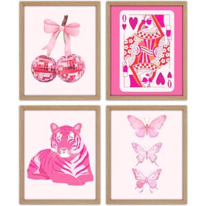 4 x Pink Wall Art Posters Prints For College Dorm Bedroom, Preppy Room Pictures Decorations, Coquette Room Decor For Wall, Aesthetic Y2k Picture Posters Set Of 4, Unframed 810 Inches -04